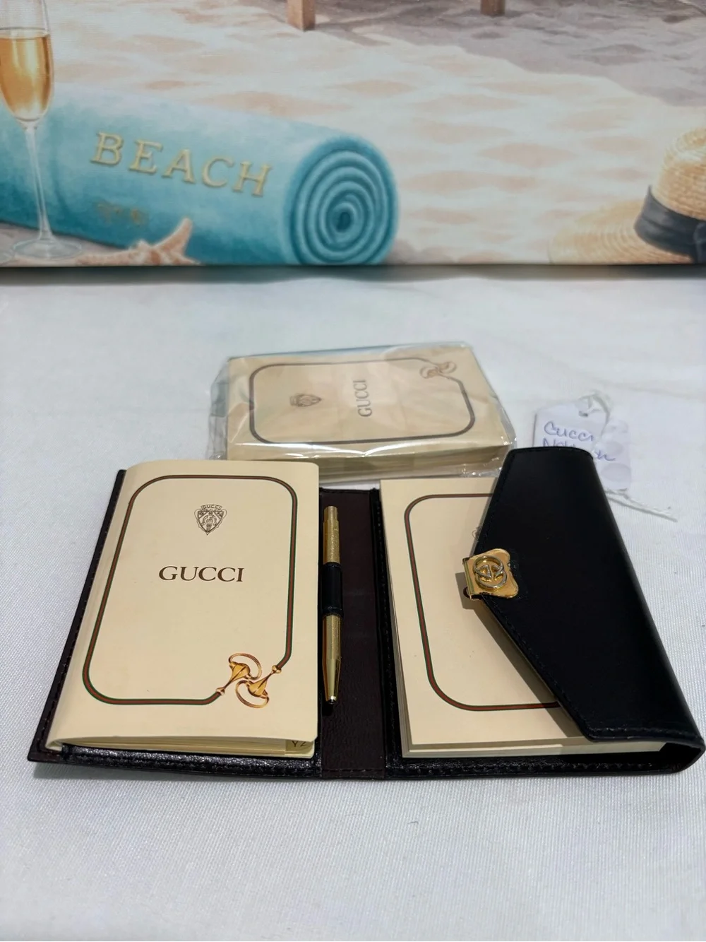 Authentic Vintage Gucci Black Leather Address Book Notebook Pen Set with Box new